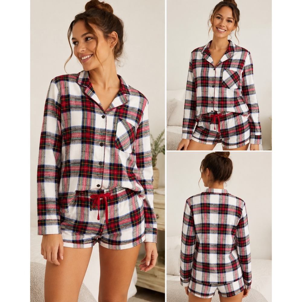 Old Navy Womens Cotton Plaid Flannel Pajama Set Long Sleeve Top Shorts Small